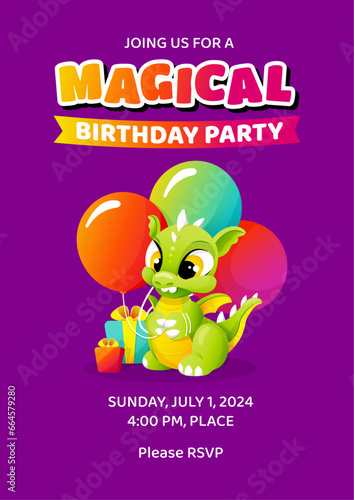 Magical Happy Birthday invitation template (date, time, place) with little cute cartoon dragon holding balloons. Colorful children illustration. Vector design for kids. (ID: 664579280)