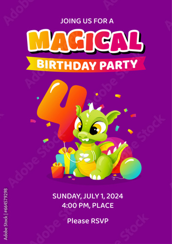 Magical Happy 4th fourth Birthday invitation template (date, time, place) with little cute cartoon dragon holding balloon as number four. Colorful children illustration. Vector design for kids. (ID: 664579298)