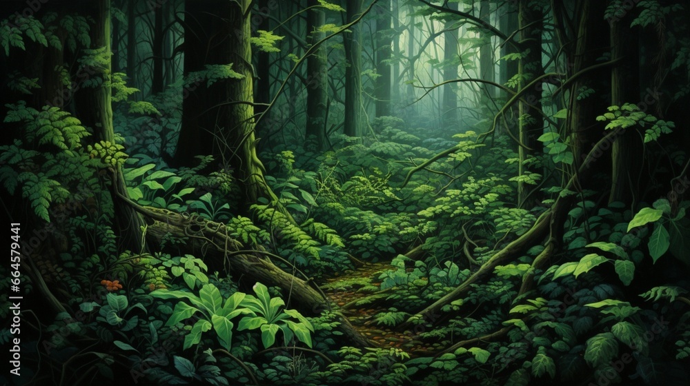 A lush forest with leaves transitioning from emerald green to deep forest green.