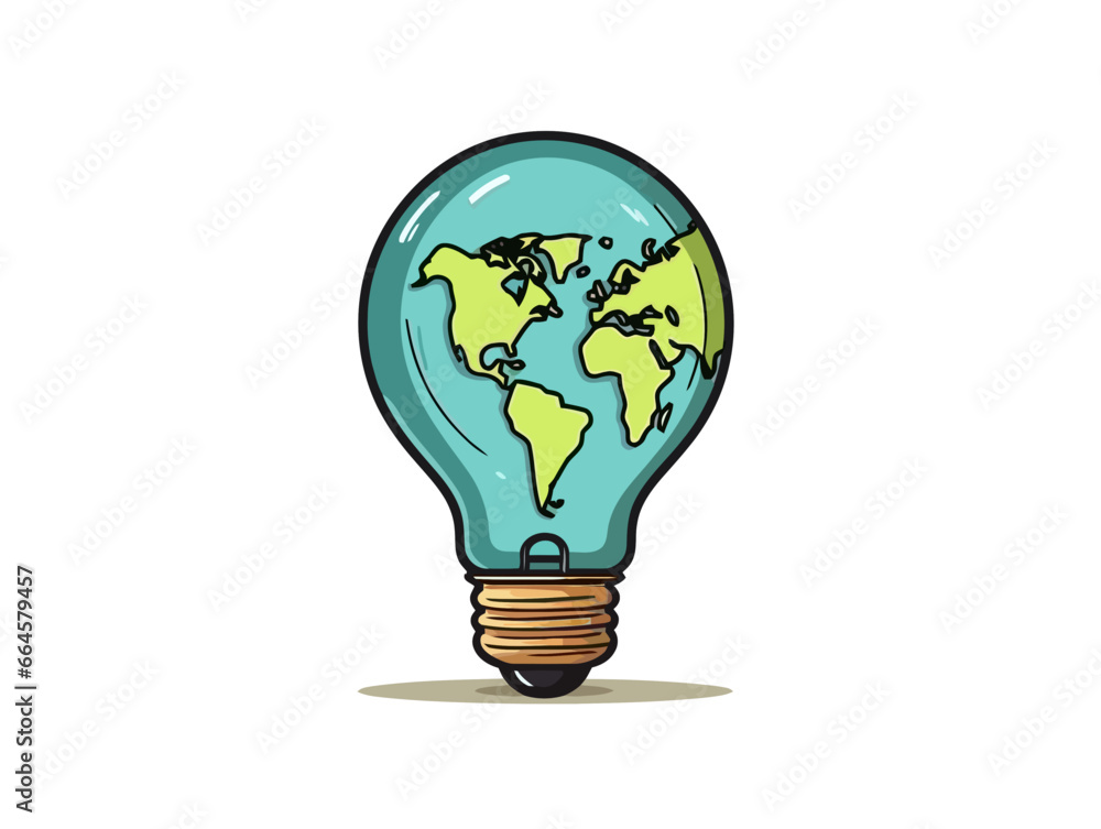 Doodle Light bulb with earth, cartoon sticker, sketch, vector, Illustration, minimalistic