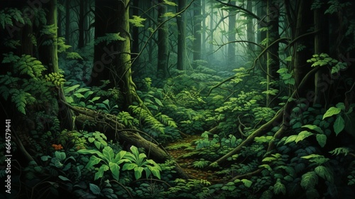 A lush forest with leaves transitioning from emerald green to deep forest green. © Fahad