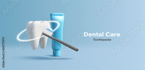 3D illustration of a tooth with blue tooth paste tube and black brush, dental care composition