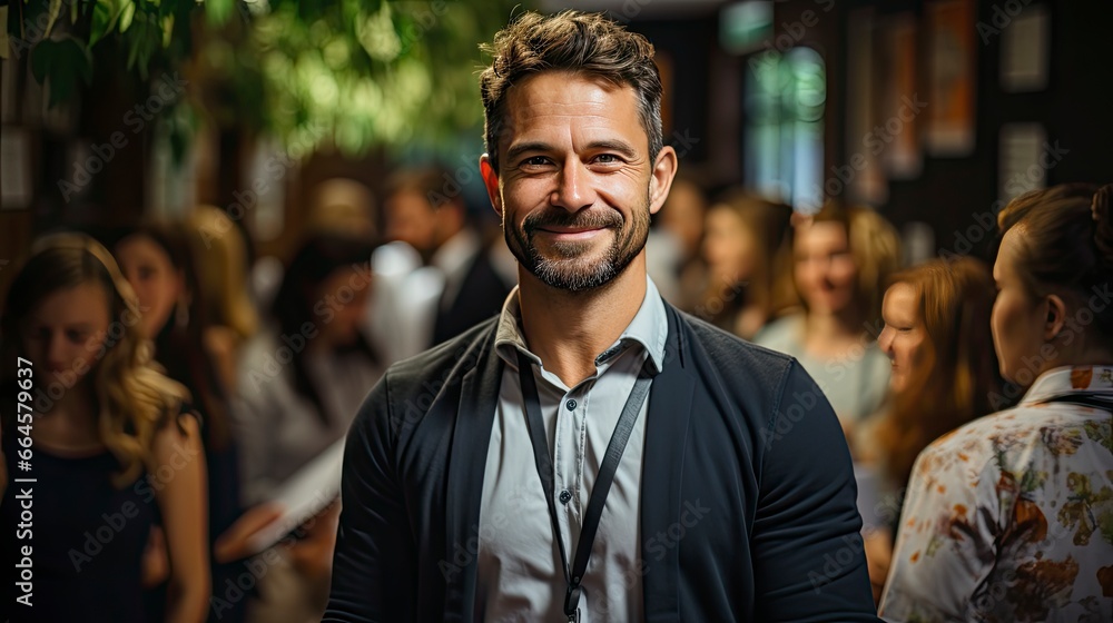 Fototapeta premium Smiling man in crowd, emanating confidence amid bustle.