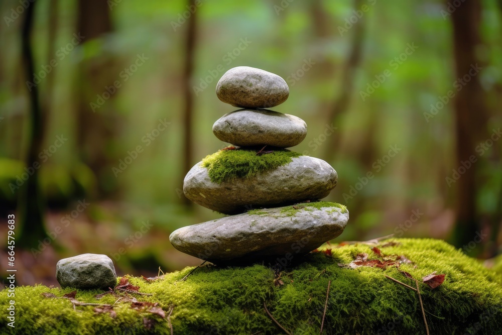 Pyramid stones balance on old mossy fallen tree. Pyramid stones balance on old mossy fallen tree.