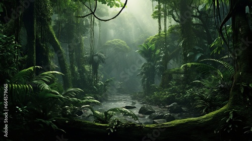 A lush tropical rainforest with the canopy transitioning from deep green to mossy green.
