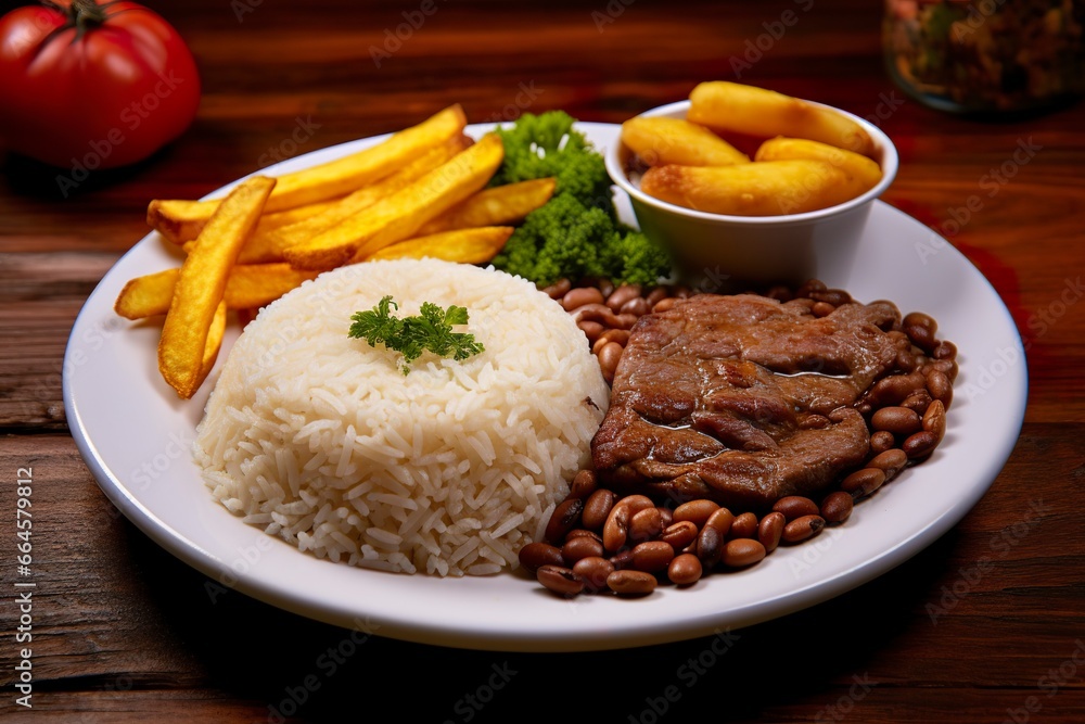 Rice, beans, French fries, and meat. Rice, beans, French fries, and meat.