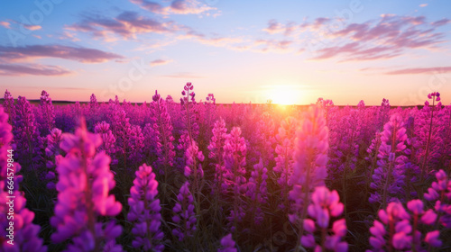 A field of vibrant purple flowers stretches out across the horizon  the sun setting and casting a beautiful pink hue