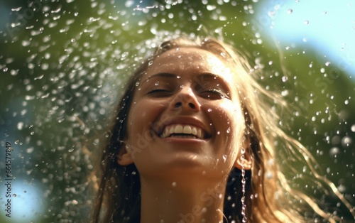 Water splashes on a sunny background and a woman with water beading off her face