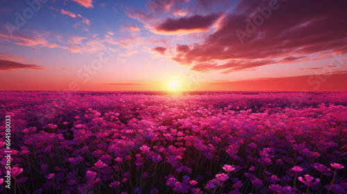 A field of vibrant purple flowers stretches out across the horizon, the sun setting and casting a beautiful pink hue