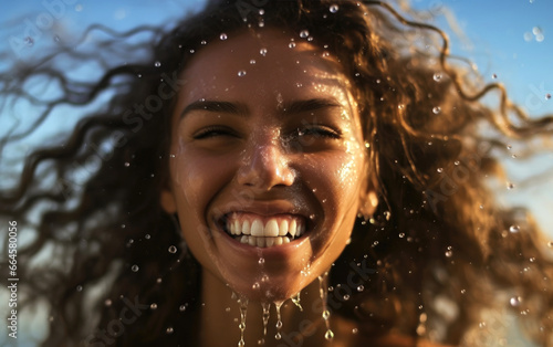 Water splashes on a sunny background and a woman with water beading off her face © piai