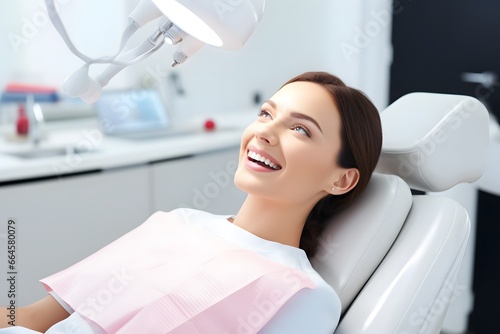 Happy woman with smiling at dental clinic for healthy teeth.