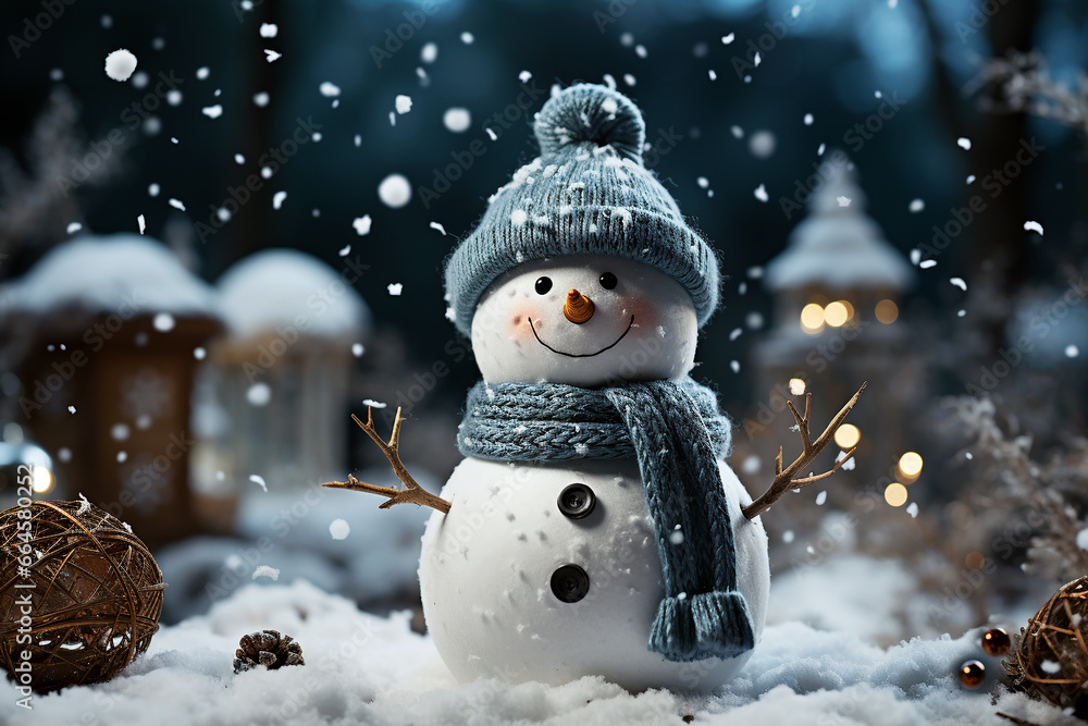 A cheerful snowman in a hat and scarf meets the festive Christmas night on a dark blue background with bokeh. Merry Christmas and Happy New Year. Close up. Generative Al..