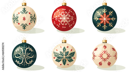 flat 2D vector illustration set, beautiful decorated christmas bauble isolated on white background. Set of beautiful Christmas decoration. Christmas elements, design for Christmas card, greeting card 