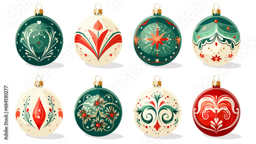 flat 2D vector illustration set, beautiful decorated christmas bauble isolated on white background. Set of beautiful Christmas decoration. Christmas elements, design for Christmas card, greeting card 