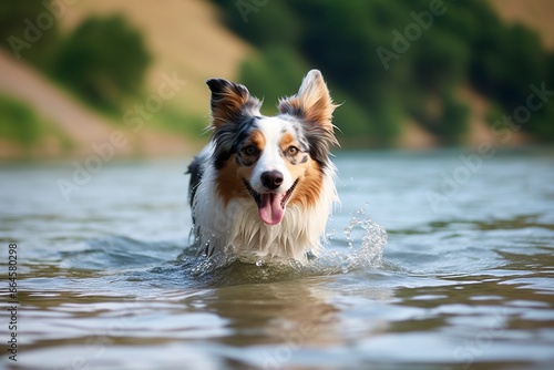 The dog runs on the water.