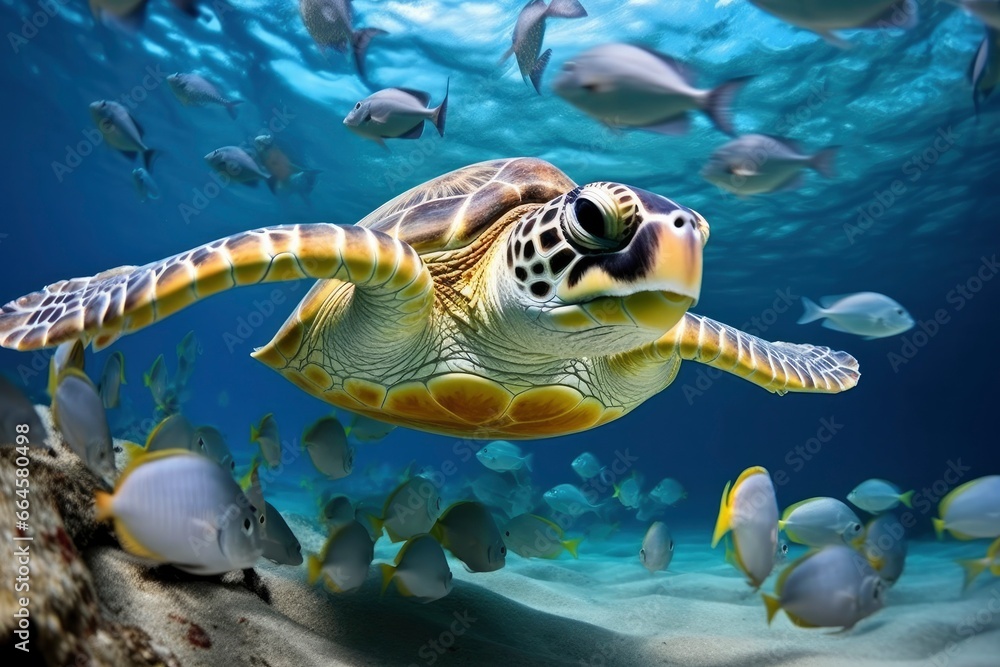 Fototapeta premium Turtle closeup with school of fish.