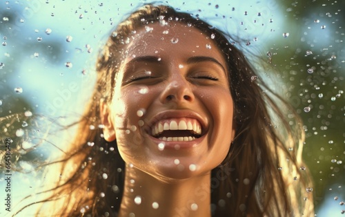 Water splashes on a sunny background and a woman with water beading off her face © piai