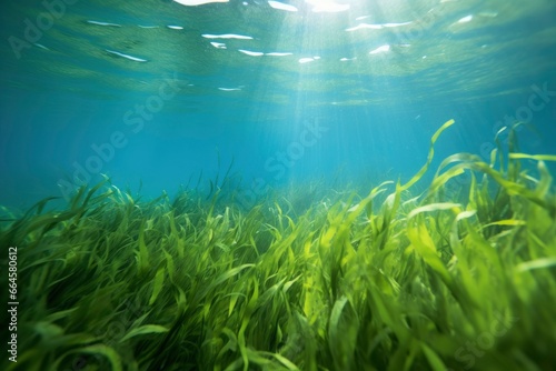 Underwater view of a group of seabed with green seagrass. © MstHafija
