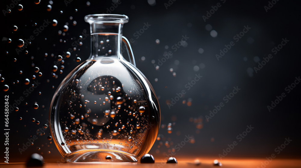 A flask filled with a liquid, with tiny bubbles forming at the surface - obrazy, fototapety, plakaty 