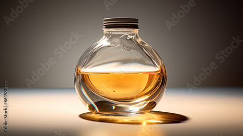 A flask filled with a liquid, with tiny bubbles forming at the surface