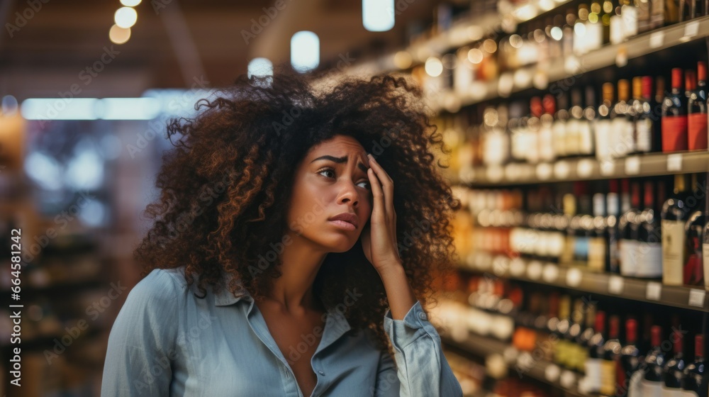 A bewildered woman upset by the prices of products in the supermarket.