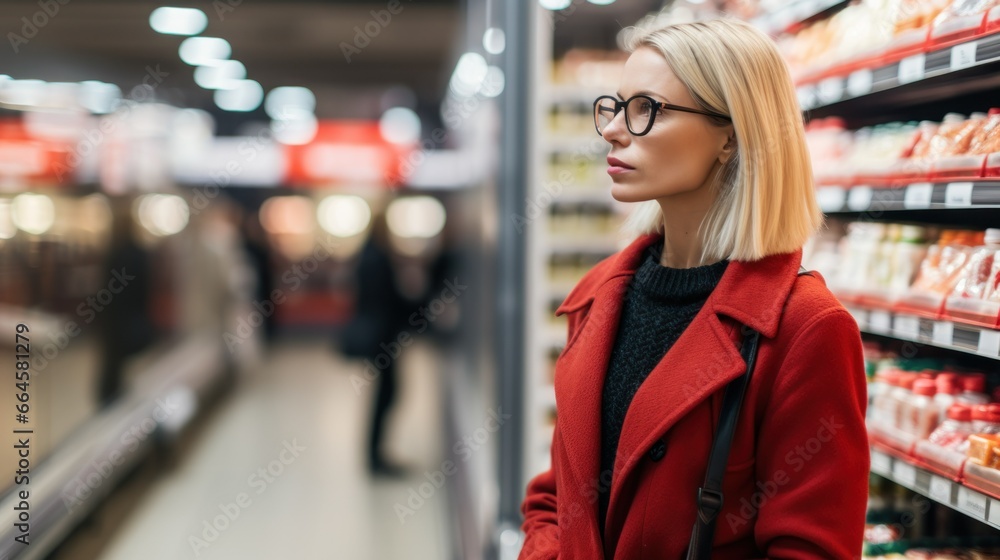 Blonde woman with glasses looking at the products on the supermarket shelves. Blonde woman with glasses looking at the products on the supermarket shelves.