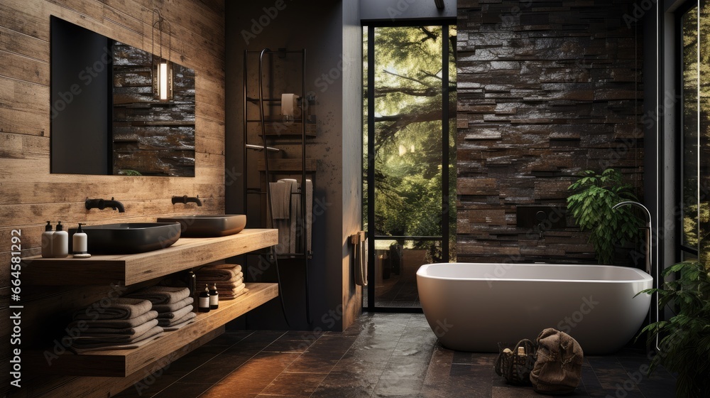 Modern and comfortable interior design - bathroom in gray and wooden materials. Modern and comfortable interior design - bathroom in gray and wooden materials.