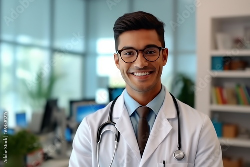 Young Indian handsome man wearing doctor uniform and stethoscope with a happy smile. Lucky person