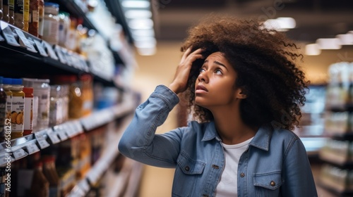 A bewildered woman upset by the prices of products in the supermarket.
