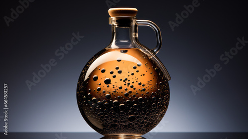 A flask filled with a liquid, with tiny bubbles forming at the surface