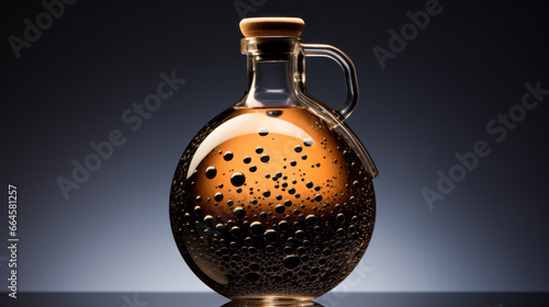 A flask filled with a liquid, with tiny bubbles forming at the surface photo