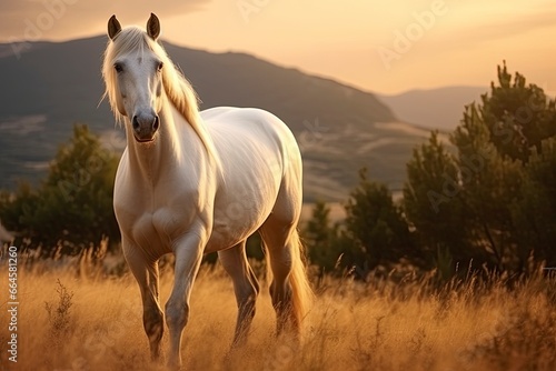 White horse or mare in the mountains at sunset. © MstHafija