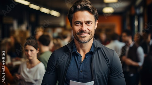 Smiling man in crowd, emanating confidence amid bustle.