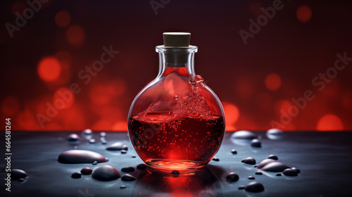 A flask filled with a liquid, with tiny bubbles forming at the surface photo