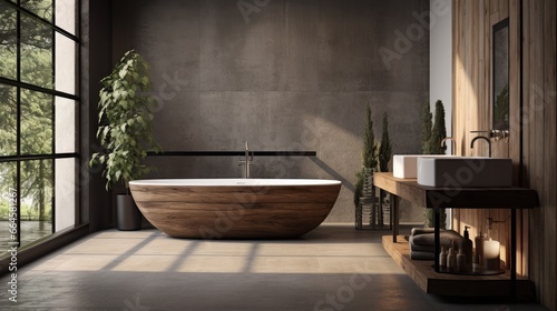 Modern and comfortable interior design - bathroom in gray and wooden materials. 