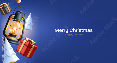 Christmas greeting card with 3d render composition of vintage kerosene lamp with white Christmas tree and red gift box hanging in the air