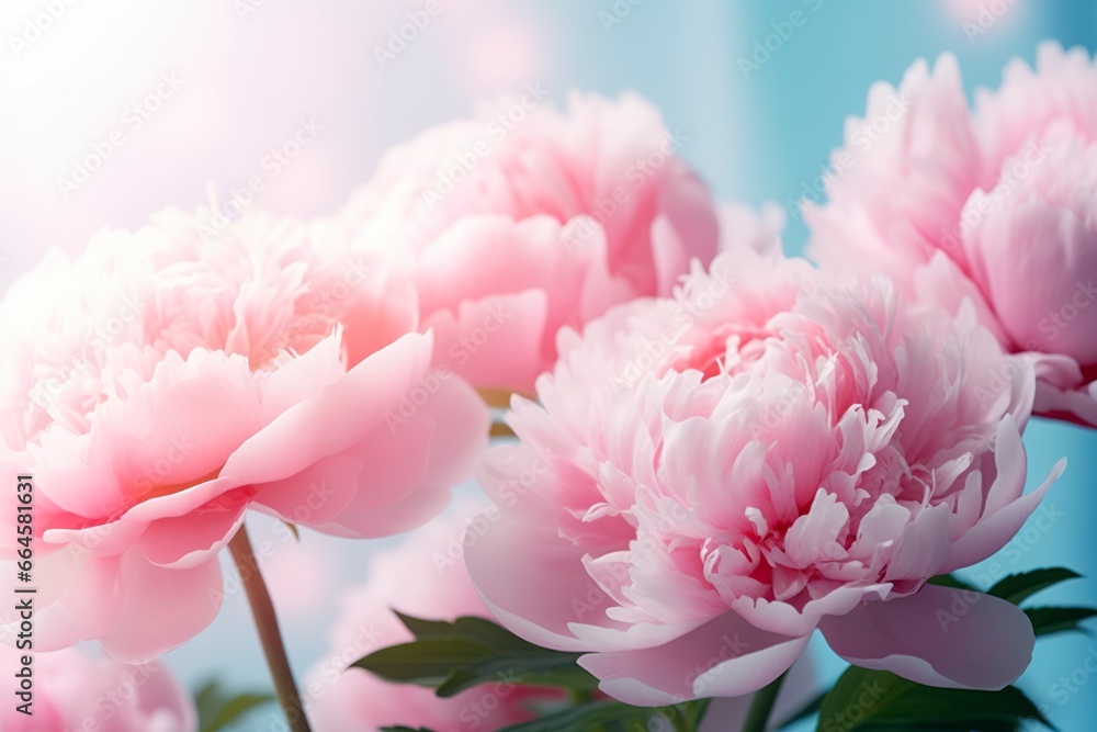 Beautiful pink large flowers peonies on a light blue turquoise background.