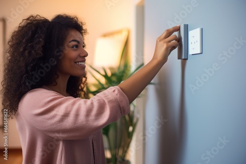 Woman adjusting smart thermostat control on wall. photo