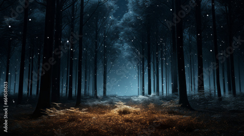 A forest of trees stands tall and proud against the night sky  their leaves rustling in the breeze