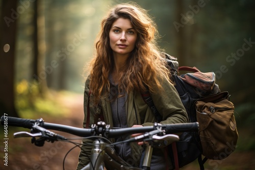 Woman carrying mountain bike in forest.