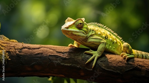 Chameleon reptile perches on a branch. © MstHafija