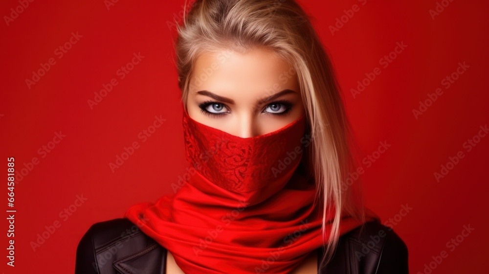 A young caucasian woman, isolated on a red background, dressed in a modern, edgy attire, her face portraying a fierce determination, ready to take on the world. A young caucasian woman, isolated on a red background, dressed in a modern, edgy attire, her face portraying a fierce determination, ready to take on the world.