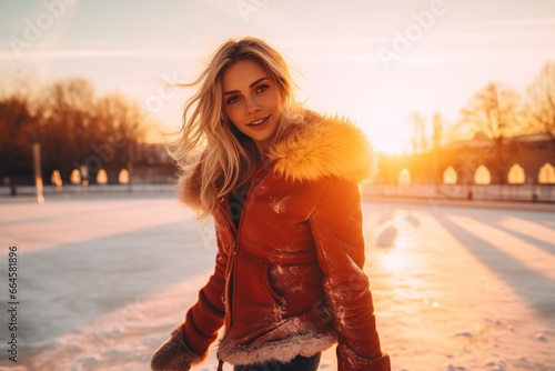A beautiful woman ice skating on ice rink at sunset.
