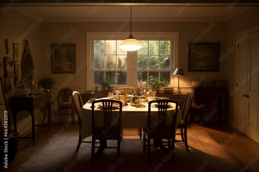 View of a well-lit dining room with a table. Generative AI