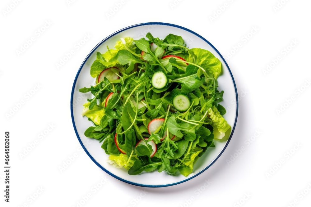 Healthy fresh green salad plate shot from above on white background. Healthy fresh green salad plate shot from above on white background.