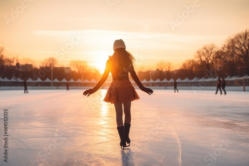 A beautiful woman ice skating on ice rink at sunset. photo