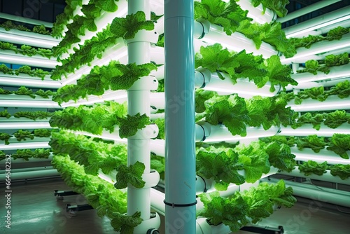 Vertical Hydroponic Plant System With Cultivated Lettuces.