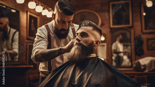 bearded man getting a haircut in a barbershop