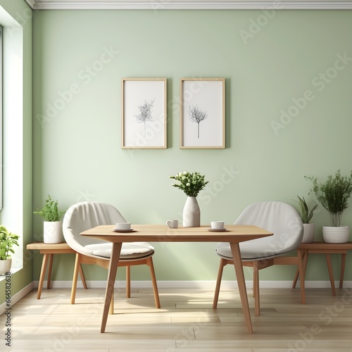 2 chairs and wooden table and 2 art posters against light green wall with a big window on the side, AI generative 