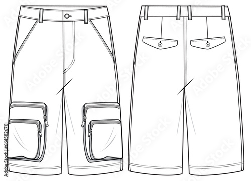 Men's Cargo shorts front and back view flat sketch fashion illustration, Chino utility shorts with cargo pockets technical drawing vector template